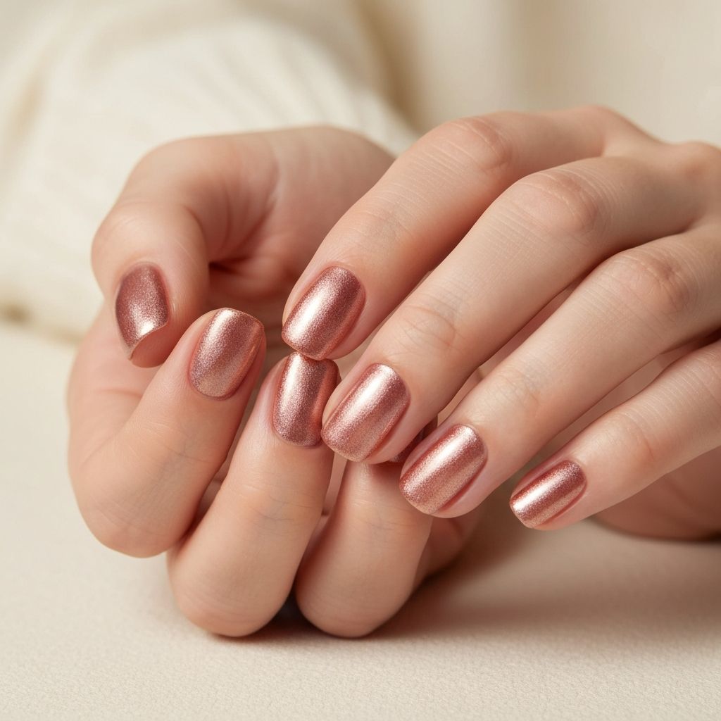 Short nude nails with rose-gold shimmer finish