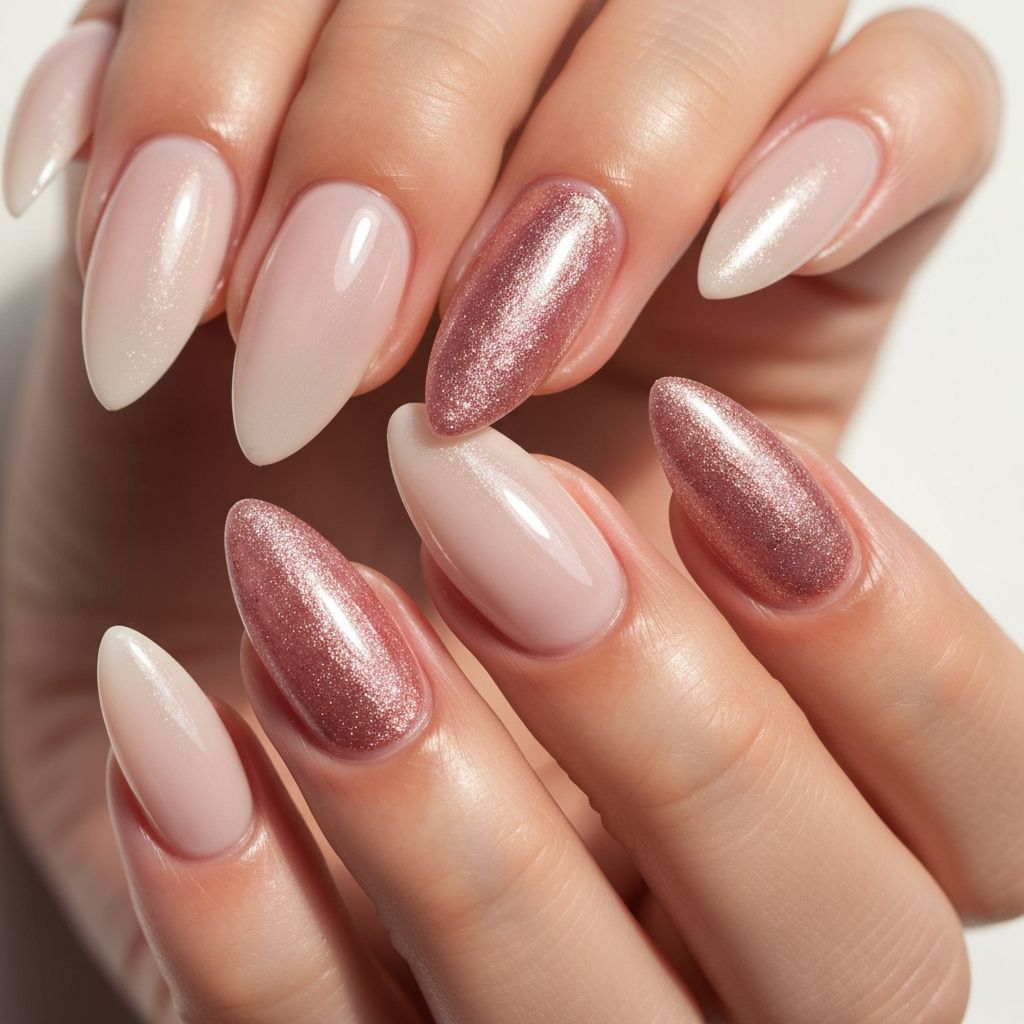 Elegant almond-shaped American manicure alternating between soft nude pink and rose gold glitter nails, perfect for special occasions and bridal looks